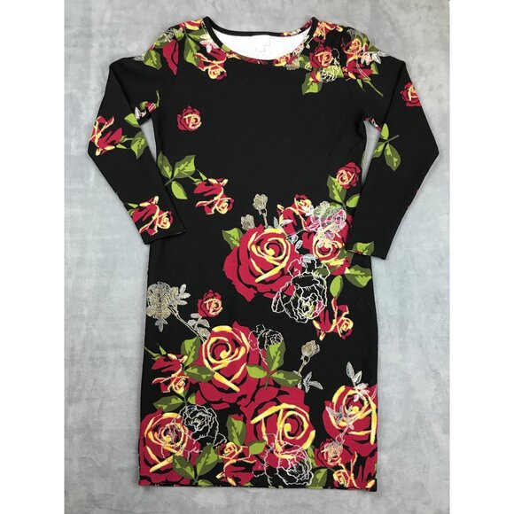 Dresses & Skirts - LuLaRoe Pencil Dress Womens 2XL Black Red Rose Print Fitted Polyester Blend